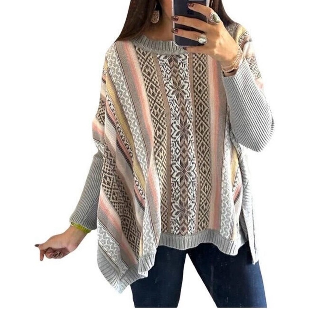 Cabi Fair Isle Boho Stripe Poncho Sweater Pastel Knit Size S